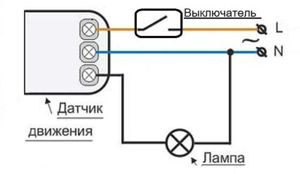 Схема подключения датчика движения на улице или в помещении с окнами. На месте выключателя может быть фотореле