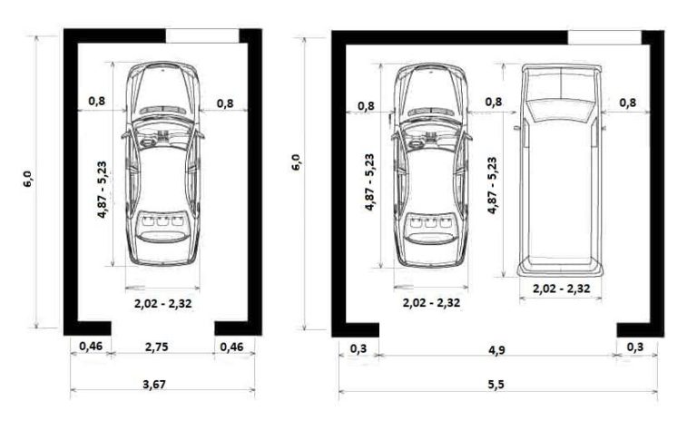 Минимальная ширина гаража для двух машин - 5,5 м, ширина проема гаражных ворот - 4,9 м
